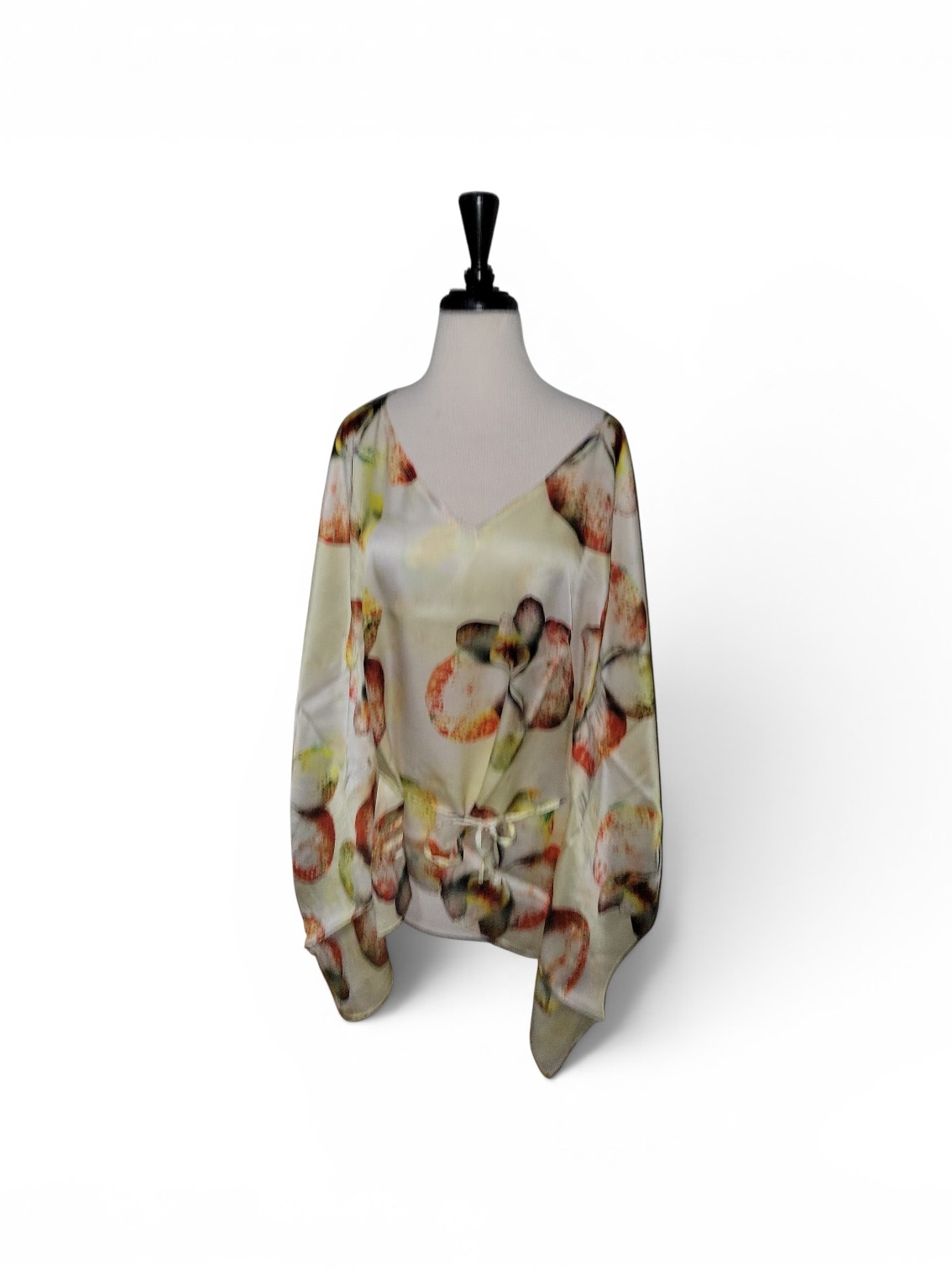 Mulberry Silk Floral Kimono Style Blouse In Cream And Coral W/ Giftbox L/Xl